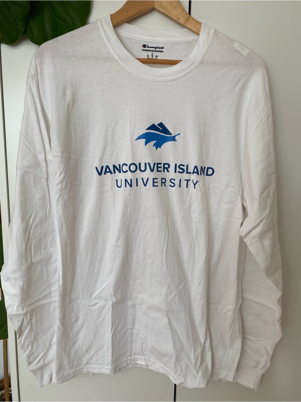 Champion White Long-Sleeve Tee with Blue Vancouver Island University Logo